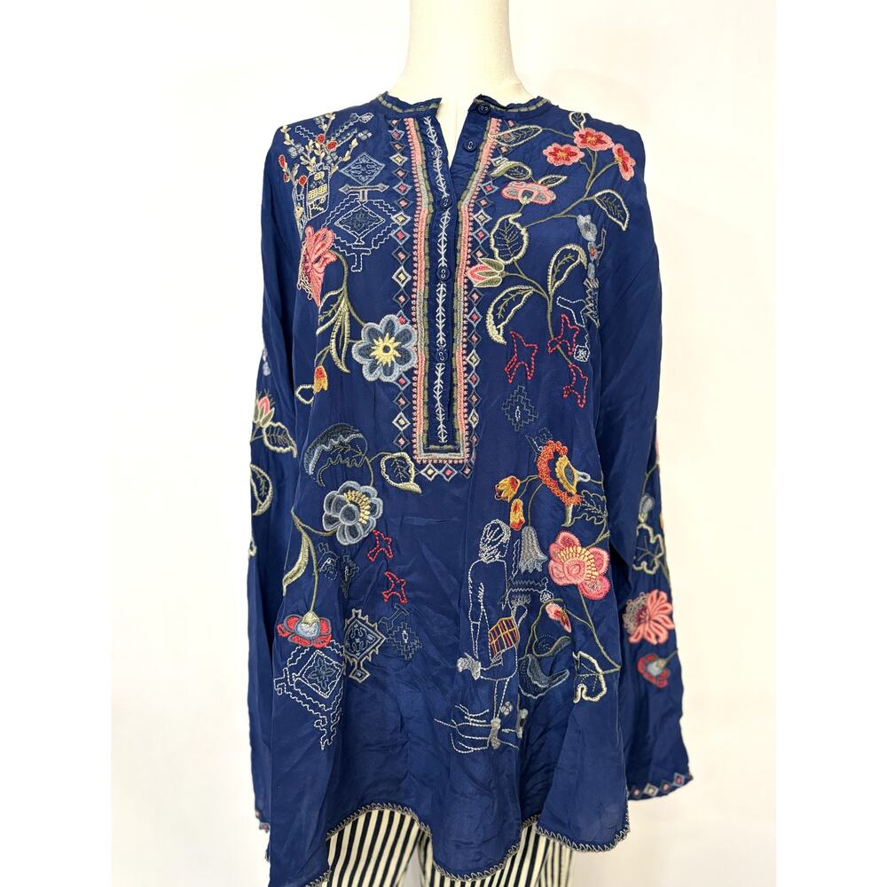 Johnny Was Blue Bird Silk Embroidered Tunic Blouse XXL NWT Floral Boho Peasant - Picture 4 of 9